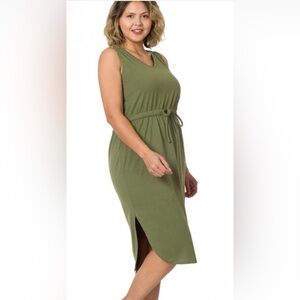 Zenana Olive Green Sleeveless Pocket Midi Dress Drawstring Waist Size L